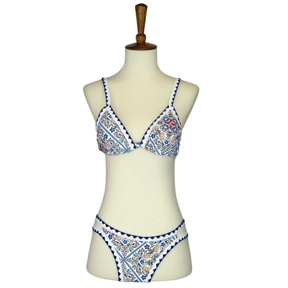 Boho White & Blue Floral Bandage Bikini with Rickrack - Picture 7 of 14